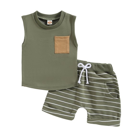 Summer Toddler Baby Boy Clothes Set Waffle Outfits Solid Short Sleeve Pocket Tops Striped Shorts 2PCS