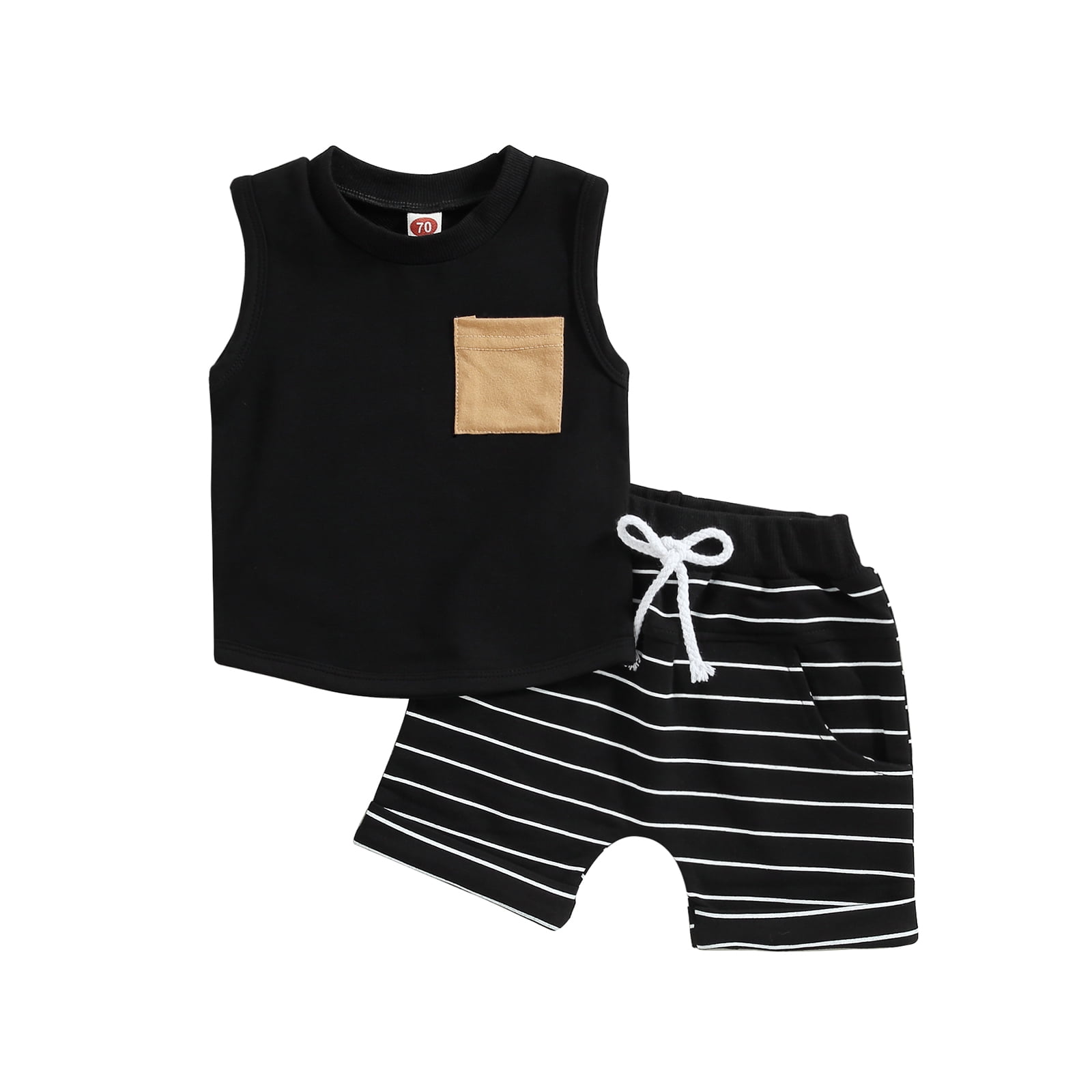 2pcs Toddler Boy Trendy Stripe Pocket Design Tee and Black Shorts Set
