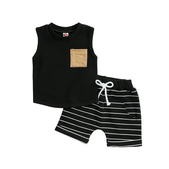 Summer Toddler Baby Boy Clothes Set Waffle Outfits Solid Short Sleeve Pocket Tops Striped Shorts 2PCS