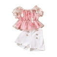 thumbnail image 1 of Summer Toddler Baby Girl Clothes Off Shoulder Ruffle Sling Crop Tops Short Pants 2Pcs Outfits, 1 of 7