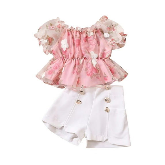 Summer Toddler Baby Girl Clothes Off Shoulder Ruffle Sling Crop Tops Short Pants 2Pcs Outfits