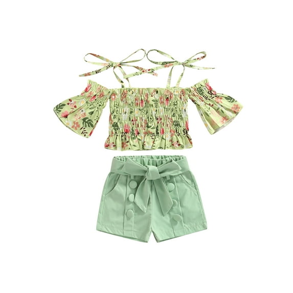 Summer Toddler Baby Girl Clothes Off Shoulder Ruffle Sling Crop Tops Short Pants 2Pcs Outfits