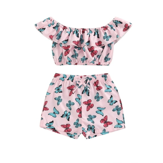 Summer Toddler Baby Girl Clothes Off Shoulder Ruffle Sling Crop Tops Short Pants 2Pcs Outfits