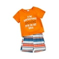 thumbnail image 1 of Summer Toddler Boys 2 Piece Outfits Letter Print Short Sleeve T-Shirt and Elastic Striped Shorts, 1 of 8