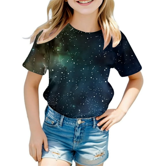Summer Toddler Girl Clothes Crewneck Galaxy Print Basic Top Blouse Lightweight Comfort Holiday Shirt for Toddler Kids,Black,110