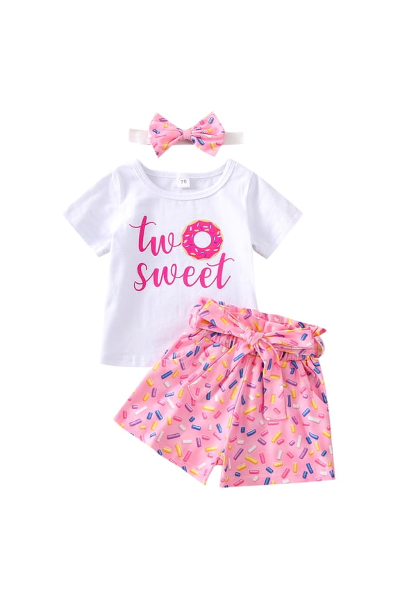 Summer Toddler Girl Clothes Two Sweet Birthday Outfits Short Sleeve Donut Tops Drawstring Shorts Sets