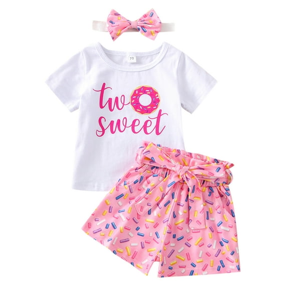 Summer Toddler Girl Clothes Two Sweet Birthday Outfits Short Sleeve Donut Tops Drawstring Shorts Sets
