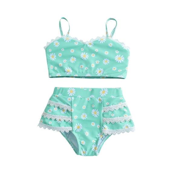 Summer Toddler Girls Lace Dot Prints Ruffles Two Piece Swimwear Swimsuit Bikini Green 5 Years-6 Years