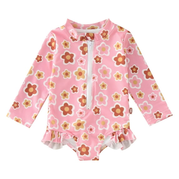 Summer Toddler Girls Long Sleeve Floral Prints 1 Piece Swimwear Beach Onesie Swimsuit Bikini,Size 4 Years-5 Years