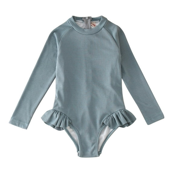Summer Toddler Girls Long Sleeve Solid Color Ruffles 1 Piece Swimwear Beach Onesie Swimsuit Bikini,Size 4 Years-5 Years