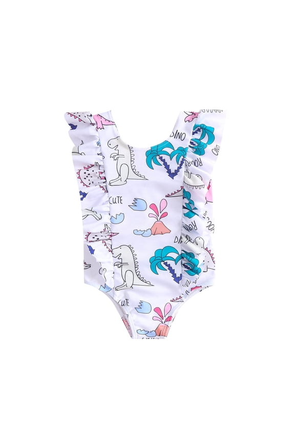 Summer Toddler Girls Ruffles Cartoon Dinosaur Prints 1 Piece Swimwear Beach Onesie Swimsuit Bikini,Size 3 Years-4 Years