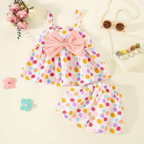 Summer Toddler Girls Sleeveless Bowknot Dot Prints Tops Shorts Two Piece Outfits Set For Kids Clothes