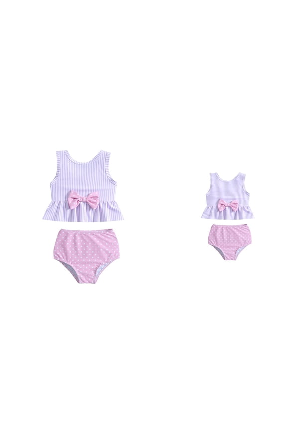 Summer Toddler Girls Striped & Floral Print Two-Piece Swimsuit with Bowknot Bikini Bathing Suit for 2T 3T 4T