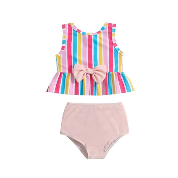 Summer Toddler Girls Striped Printed Bowknot Two Piece Swimwear Swimsuit Bikini