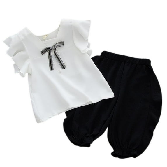Summer Toddler Kids Baby Girls Casual Ruffle Sleeveless Bow Tops T-shirt+ Loose Pants Suits Costume Set