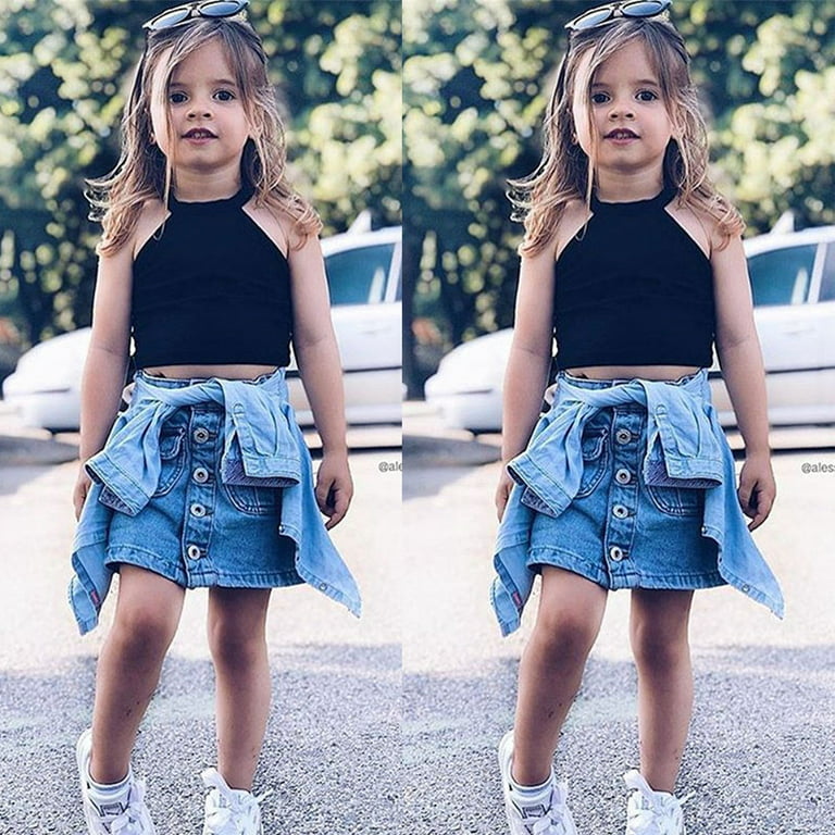 Summer Toddler Kids Baby Girls Clothes Crop Tops Denim Skirt Dress Outfit  Set Blue 2-3 Years