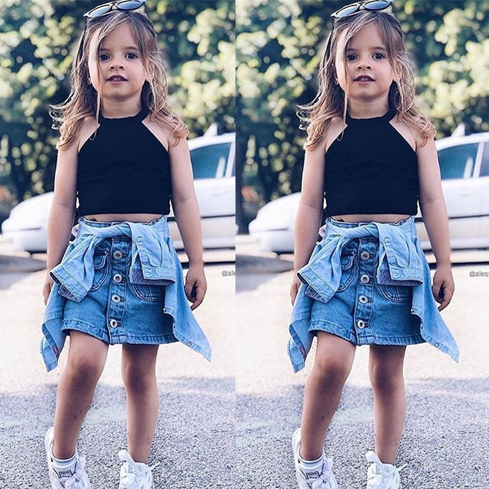 Summer Toddler Kids Baby Girls Clothes Crop Tops Denim Skirt Dress Outfit  Set Blue 5-6 Years