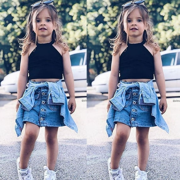 Summer Toddler Kids Baby Girls Clothes Crop Tops Denim Skirt Dress Outfit Set Blue 5-6 Years