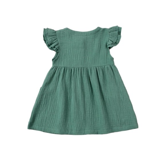 Summer Toddler Kids Baby Girls Fly Sleeve Round Neck Solid Color Buttons Pockets Dress