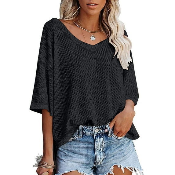 Summer Top For Women Summer Loose Short Sleeve Pullove Solid Blouse T-Shirt