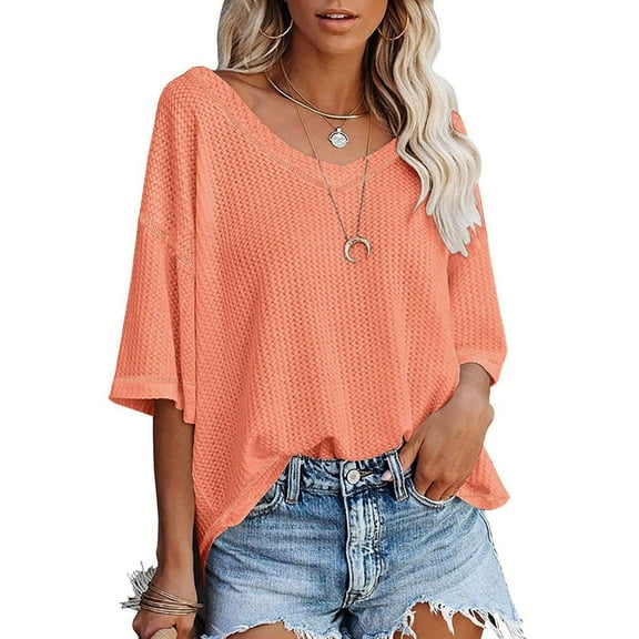 Summer Top For Women Summer Loose Short Sleeve Pullove Solid Blouse T-Shirt