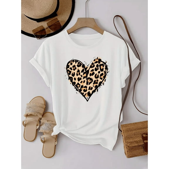Summer Top Tee Leopard Print Heart Graphic  Lover T-Shirt Graphic T Shirts Women's Clothing Fashion