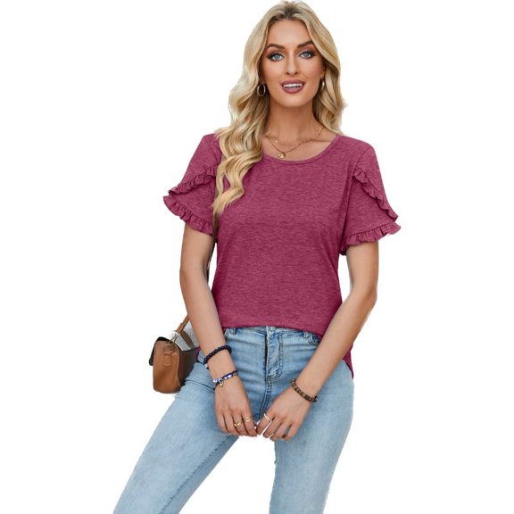 Summer Top Women Round Neck Petal Sleeve Patchwork Solid Color T-shirt Women's Top Soft Comfy Tees Women's T-shirt Tops
