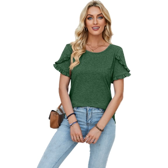 Summer Top Women Round Neck Petal Sleeve Patchwork Solid Color T-shirt Women's Top Soft Comfy Tees Women's T-shirt Tops