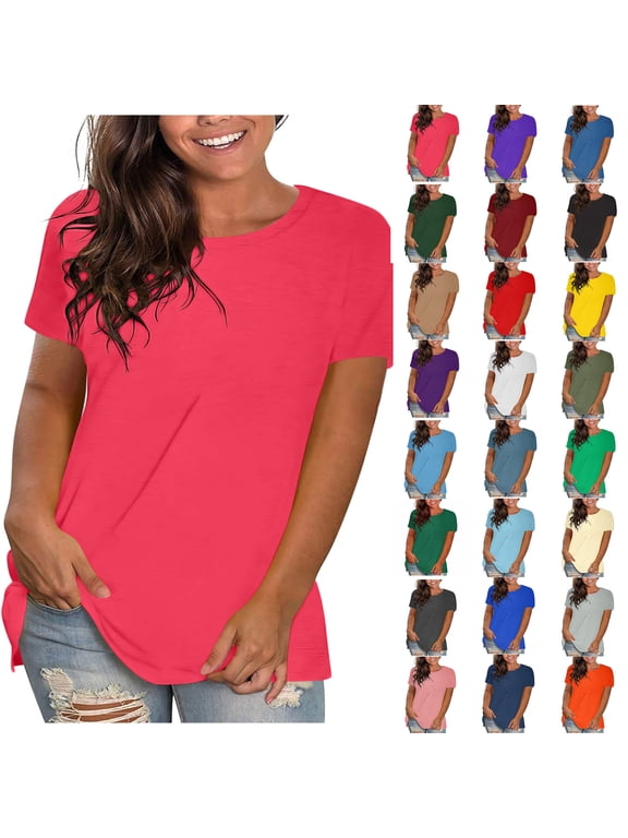 Summer Top for Women Sawvnm Women's Fashion Plus-Size Solid Loose Short Sleeve T-shirt Pullover Cute Top for Women Hot Pink M