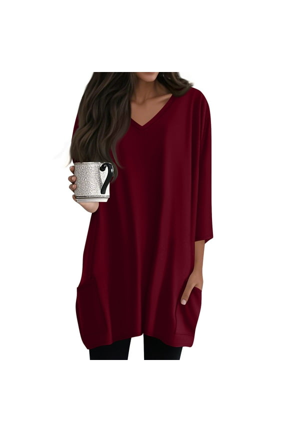 Summer Tops, 3/4 Sleeve Casual Tshirt V Neck Loose Fit Tops With Pockets Womens Tops Valentines Shirts Dressy Tops Before You Buy Clothing Spring Tops For Tops Bustier (XL, Wine) ZMTing