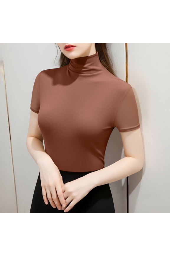 Summer Tops Blouses for Women Casual Women's Elastic Casual Mesh High Neck Top With Bottom Layer Coffee S