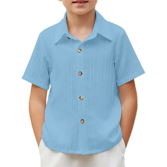 Summer Tops Child Toddler Boys Summer Solid Casual Short Sleeve Button Down Shirt Fashion Textured Beach Shirt Baby Boy Summer Clothes Light Blue 5 Years-6 Years