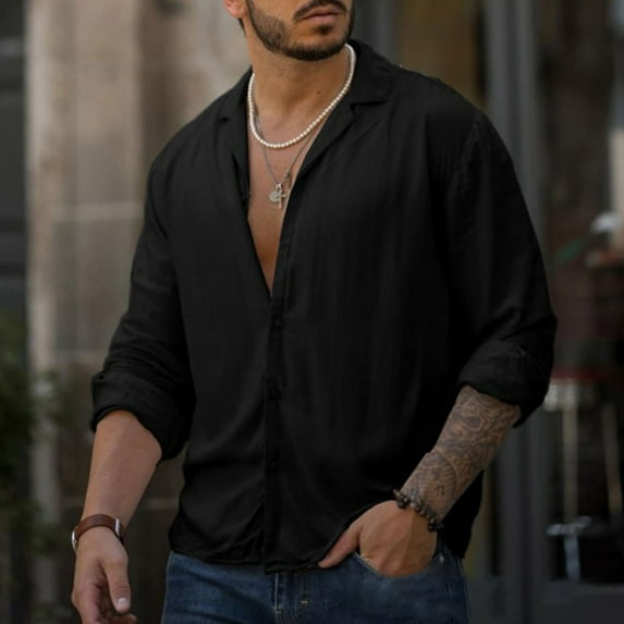 Summer Tops,Clearance Men's Home Vintage Pure Color Casual Button Linen Solid Shirt Tops Blouse