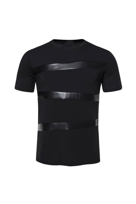Summer Tops,Men's Leather Patchwork Short Sleeved T-shirt Round Neck Pullover Short Sleeved Fashionable Casual T-shirt Top Blouses