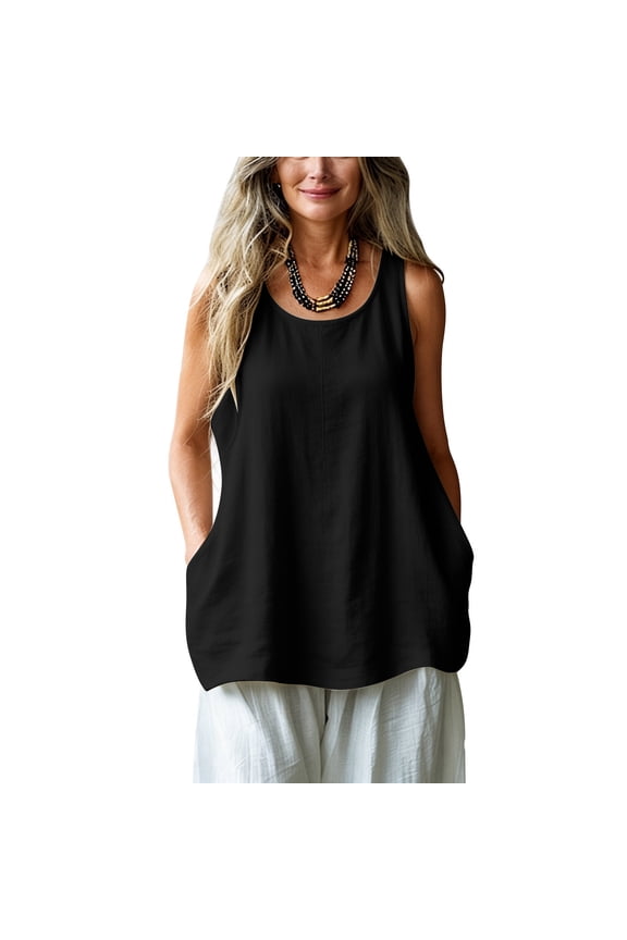 Summer Tops Cotton Linen Solid Color Round-Neck Sleeveless A-Line Tank Top Simple and Stylish Casual yet Professional Perfect for both the Office and Everyday Wear