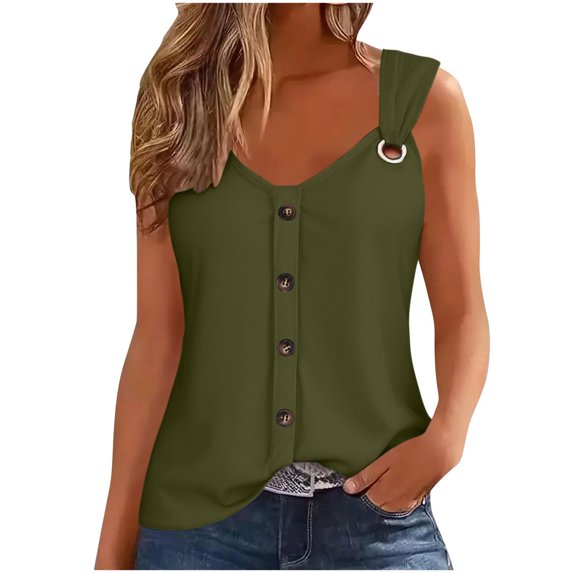 Summer Tops, Cotton Tank Casual Sleeveless Buttoned V Neck Comfort Colors Tank Womens Tops White For Women Eyelet Tops Long Sleeve Woman Graphic Tees Athletic Tops Casual (XL, Army Green) ZMTing