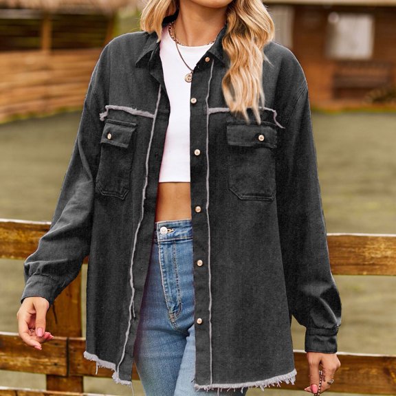 Summer Tops Denim Furred Edge Washed Fringe Top Casual Long Sleeve Shirts for Women Grey XL