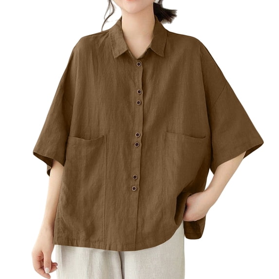 Summer Tops, Duoif Women's Artistic Linen Half Sleeve Top, Loose Casual Style Shirts for Women Khaki XL