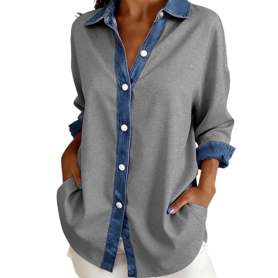 Summer Tops, Duoif Women's Denim Patchwork Button Down, Long Sleeve Casual Shirts for Women Grey L