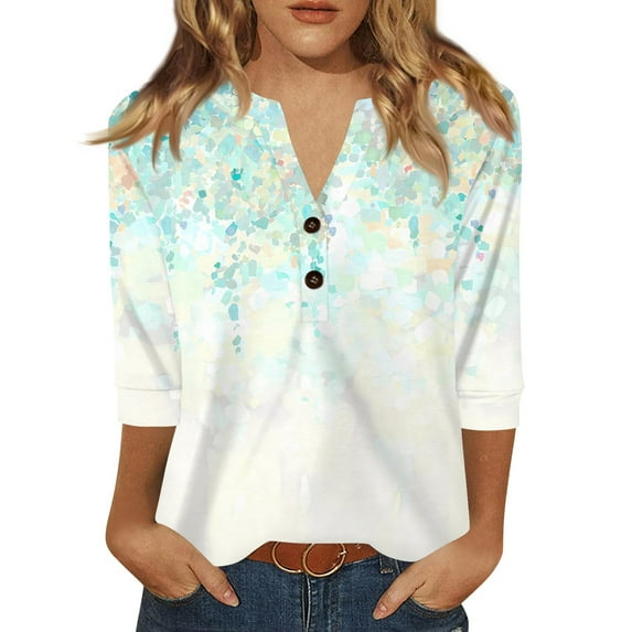 Summer Tops, Feminine Floral Spring Wardrobe Essential Reinforced T-Shirt Print Machine Washable Blouse Day-To-Night Polyester Tops V-Neck Women 3/4 Sleeve Top Green L