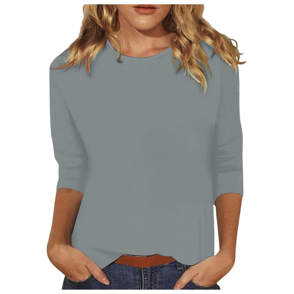 Summer Tops For Women 2024 3/4 Length Sleeve Tops Casual Loose Fit Crewneck T Shirts Cute Solid Three Quarter Length Tunic Tops Grey M
