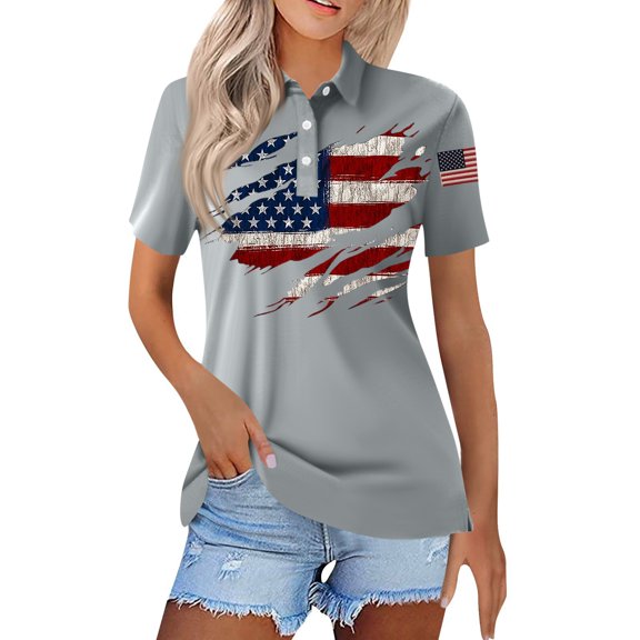 Summer Tops For Women 2026, 4Th Of July Polo Shirts Button Down Short Sleeve Collared Golf Shirts Casual Outfit Gray 3XL