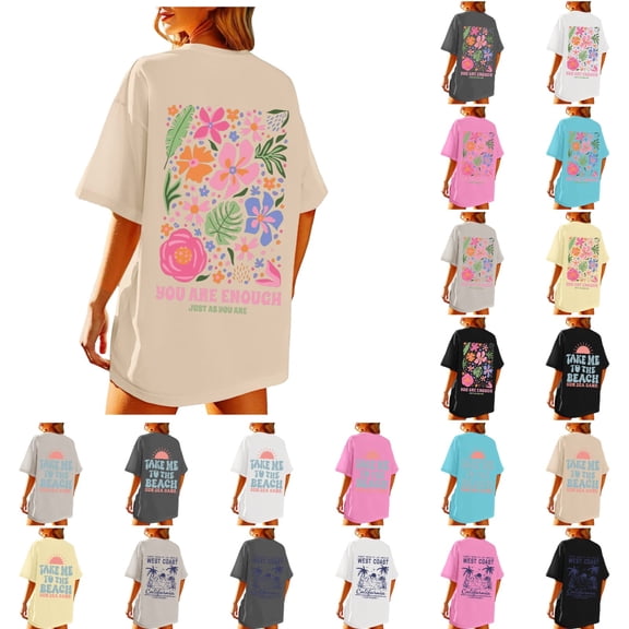 Summer Tops For Women Beach Oversized Graphic Print Tees For Vintage Baggy Aesthetic Blue Womens Shirts S
