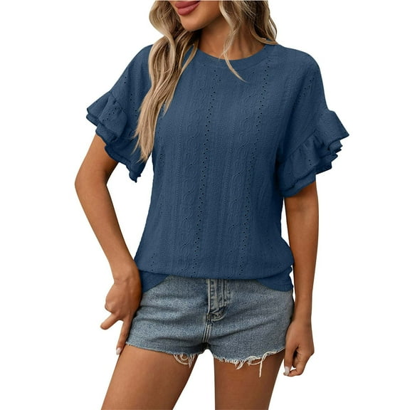 Summer Tops For Women Eyelet Tunic Tee Ruffle Sleeve T Shirts Hollow Out T-Shirt Solid Classic Tunics Basic Elegant Blouses Holiday Going Out Outfits