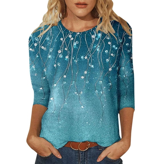 Summer Tops For Women Fashion Print Three Quarter Sleeve Round Neck Versatile Easy Care Leisure Navy Womens Shirts XXL