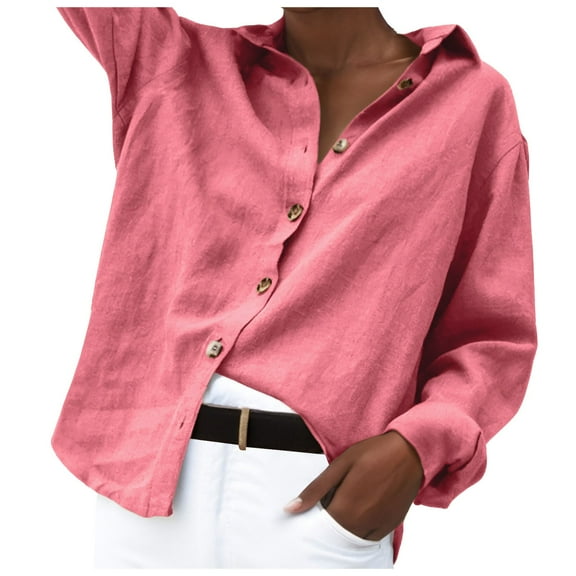 Summer Tops For Women Linen Solid Color Lapel Long Sleeve Loose Fashion Womens Blouses Overshirt Daily-Wear,Red,S