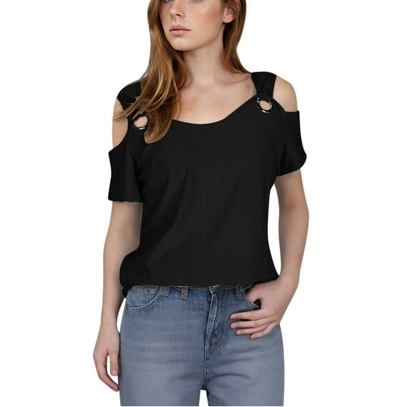 Summer Tops For Women Sevevn 2025 Women's Fashion Casual Solid Color Shoulder Leakage Short Sleeve Pullover Short Sleeve Top Womens Shirts Casual