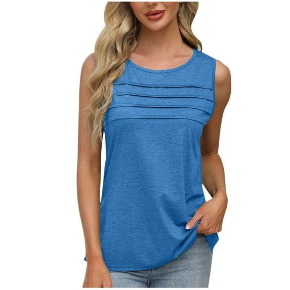 Summer Tops For Women Sevevn Ladies' Summer Solid Color Round Neck Camisole Sleeveless With Pleats On The Chest Dressy Tank Tops For Women