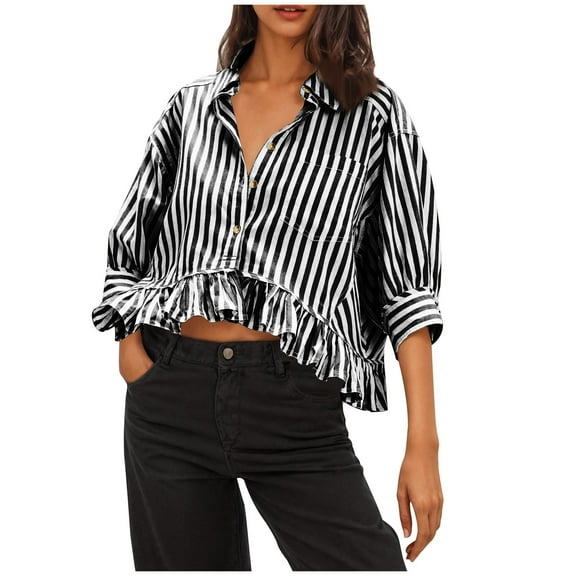 Summer Tops For Women Sevevn Women Fashion Casual Striped 3/4 Sleeve Turndown Collar Button Short Blouses