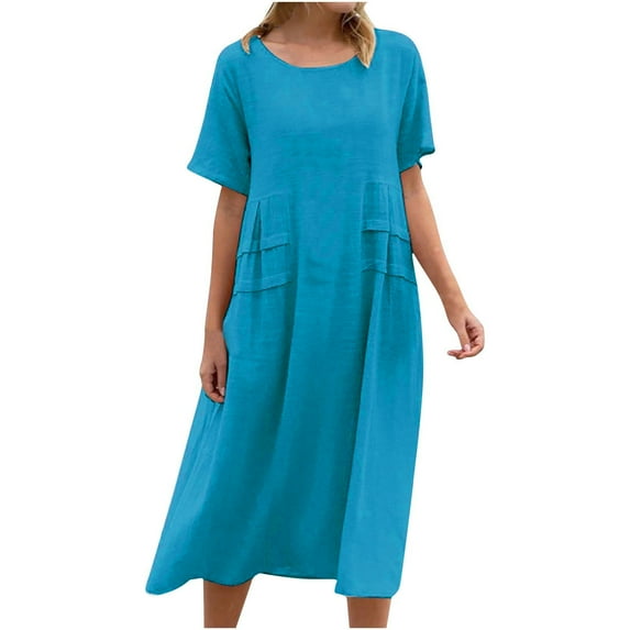 Summer Dresses For Women Sevevn Women's Summer Casual Loose Linen Short Sleeve Round Neck Dress